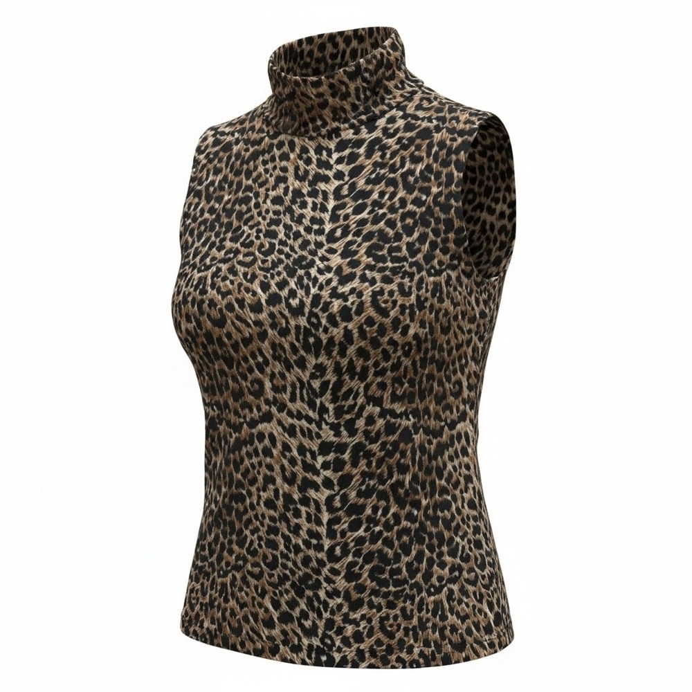Ivory Leopard Print Mock Neck Sleeveless Top Large SLQ003‎ Animal Print Shell